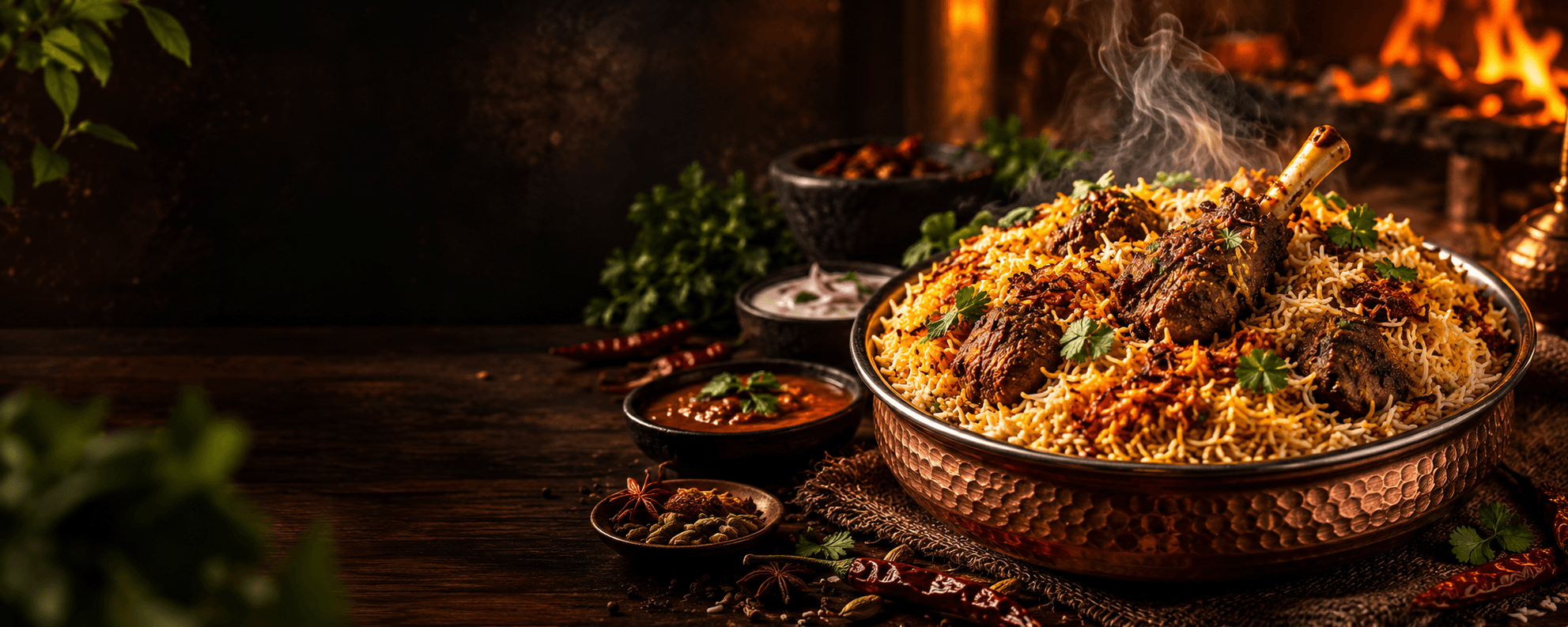 Biryani in a copper bowl with spices and accompaniments